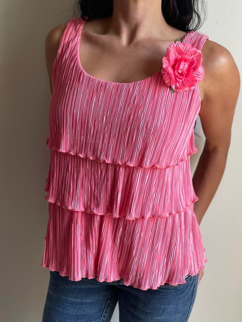 Donna Gray Vintage Tiered Pleated Top with Floral Appliqué